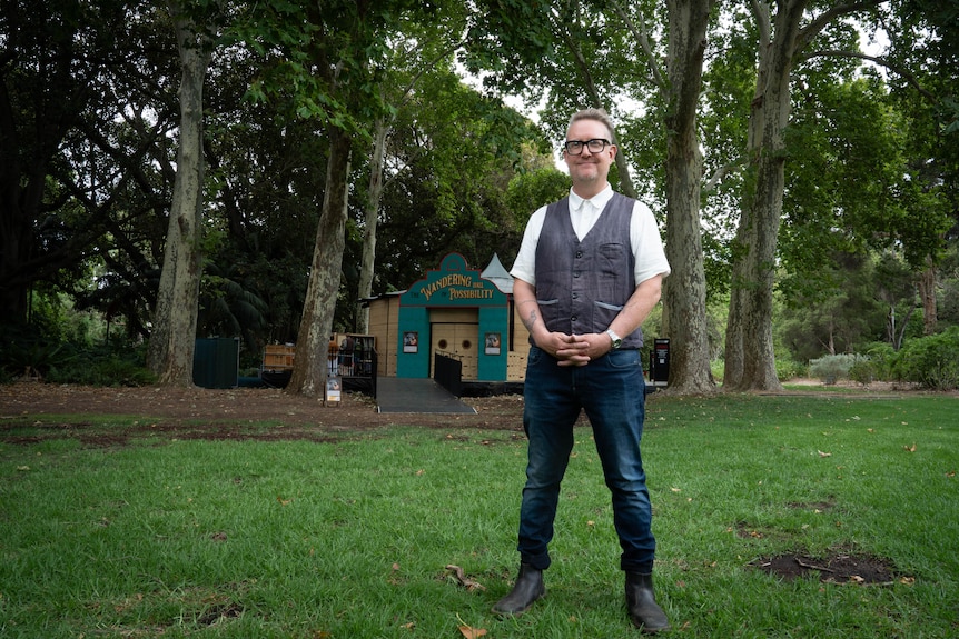 Angy Packer stands in front of his Adelaide Festival venue in the Botanic Gardens