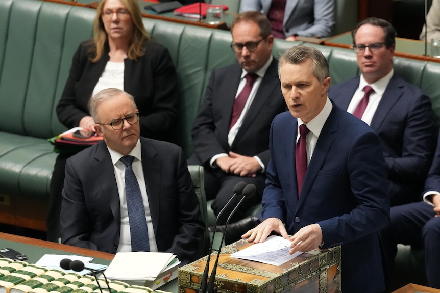 people in suits in the house of representatives, jason clare stands at dispatch box