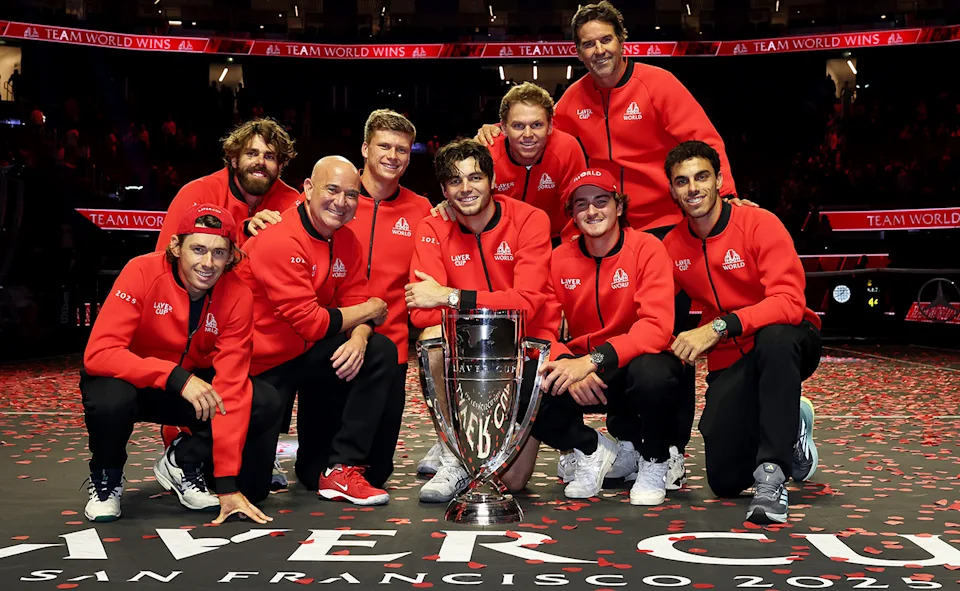 Alex de Minaur, pictured here with Team World teammates after winning the Laver Cup last year.