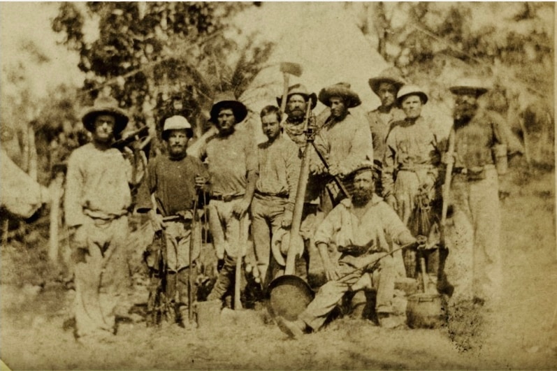 A black and white photo of men standing in the bush with hats and equipment.