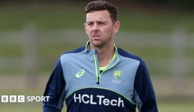 Josh Hazlewood with a forlorn expression while training for Australia