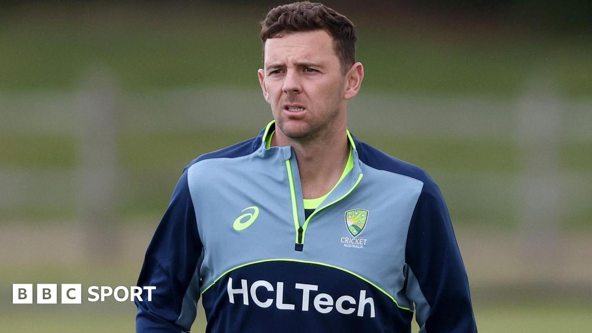 Josh Hazlewood with a forlorn expression while training for Australia