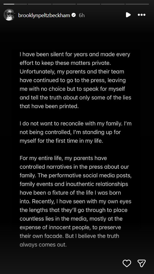 An Instagram story post revealing Brooklyn Beckham's decision to not reconcile with his family.