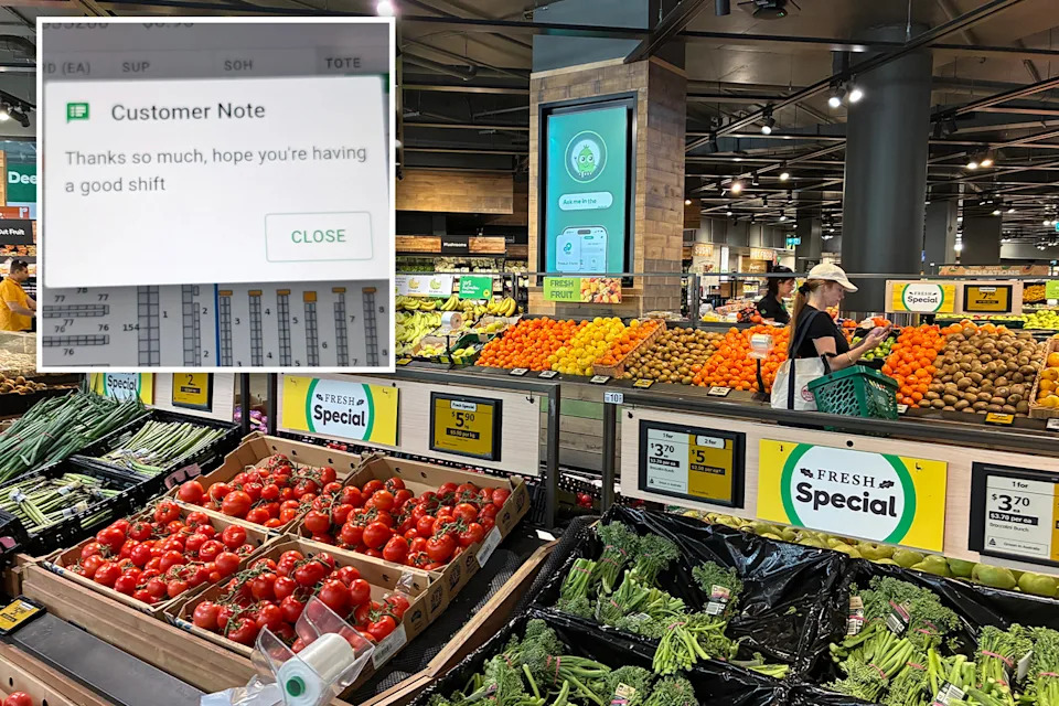 Main image shows shoppers browsing the fresh produce section in a Woolworths store. Inset shows a nice note to a worker reading 'thanks so much, hope you're having a good shift'. 