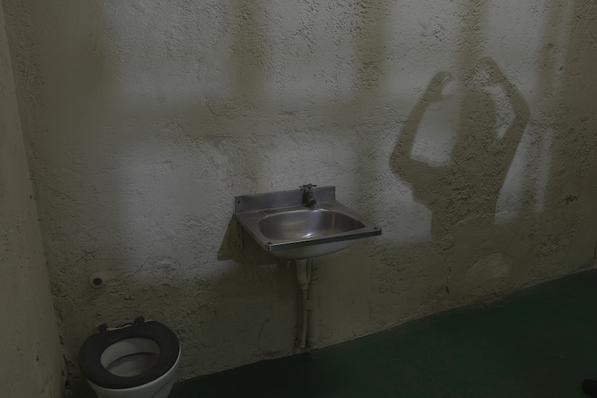 The inside of a jail cell, which has a toilet and sink, and the shadow of a prisoner is reflected on the cell's wall.