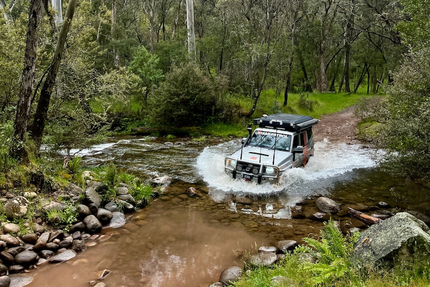 A silver 4WD splashes through a creek in a forest.