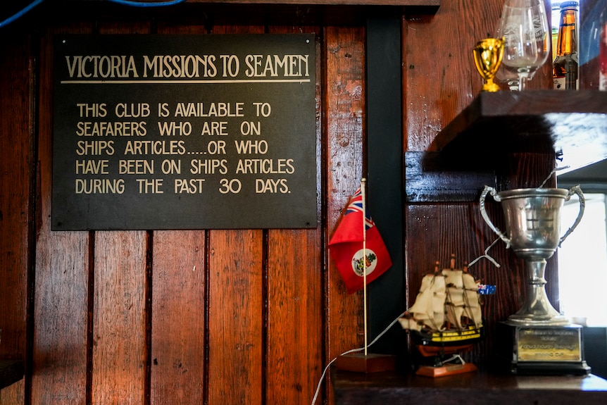 The Victoria Mission to Seamen statement attached to a wall