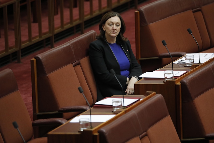 A woman sits alone on the senate benches.