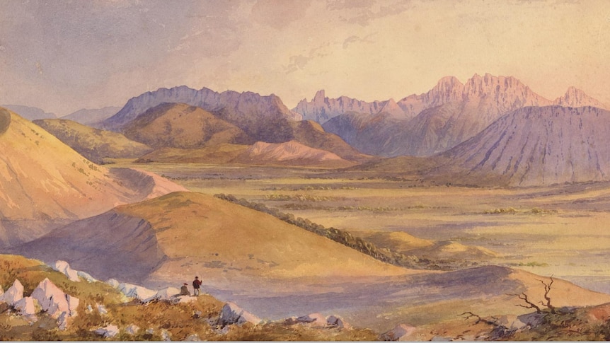 A painting of a mountain range.