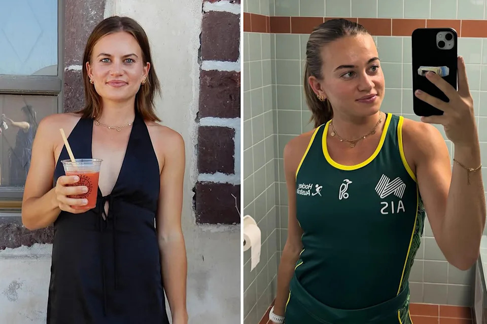Lexie Pickering, left, holding a drink, and right in a Hockeyroos uniform.