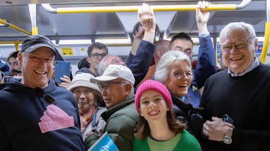 Passengers young and old on the train at Anzac station in the Metro Tunnel.