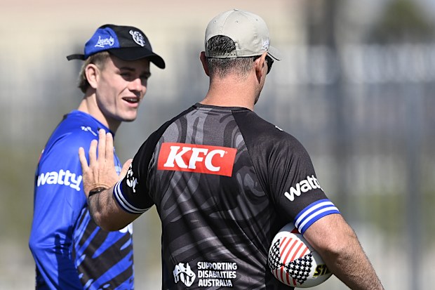 LAS VEGAS, NEVADA - FEBRUARY 24: Lachlan Galvin of the Bulldogs speaks with Bulldogs coach Cameron Ciraldo during a Canterbury Bulldogs NRL training session at James Regional Sports Complex on February 24, 2026 in Las Vegas, Nevada. (Photo by Ian Hitchcock/Getty Images)