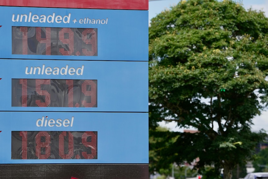 A petrol station sign showing unleaded fuel for 141.9 and diesel for 180.9.