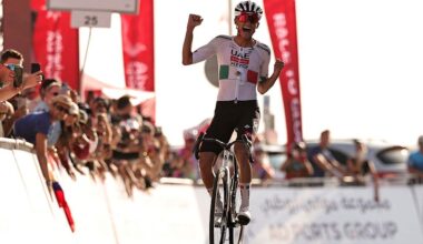 UAE Team Emirates's Mexican rider Isaac Del Toro Romero reacts after finishing first place in the sixth stage of the UAE Tour cycling event from al-Ain Museum to Jebel Hafeet in Abu Dhabi on February 21, 2026. (Photo by Fadel SENNA / AFP)