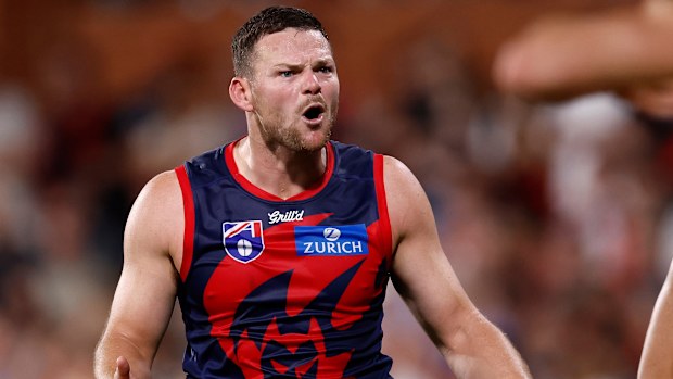 ADELAIDE, AUSTRALIA - APRIL 12: Steven May of the Demons speaks with the umpire during the 2025 AFL Round 05 match between the Melbourne Demons and the Essendon Bombers at Adelaide Oval on April 12, 2025 in Adelaide, Australia. (Photo by Michael Willson/AFL Photos via Getty Images)