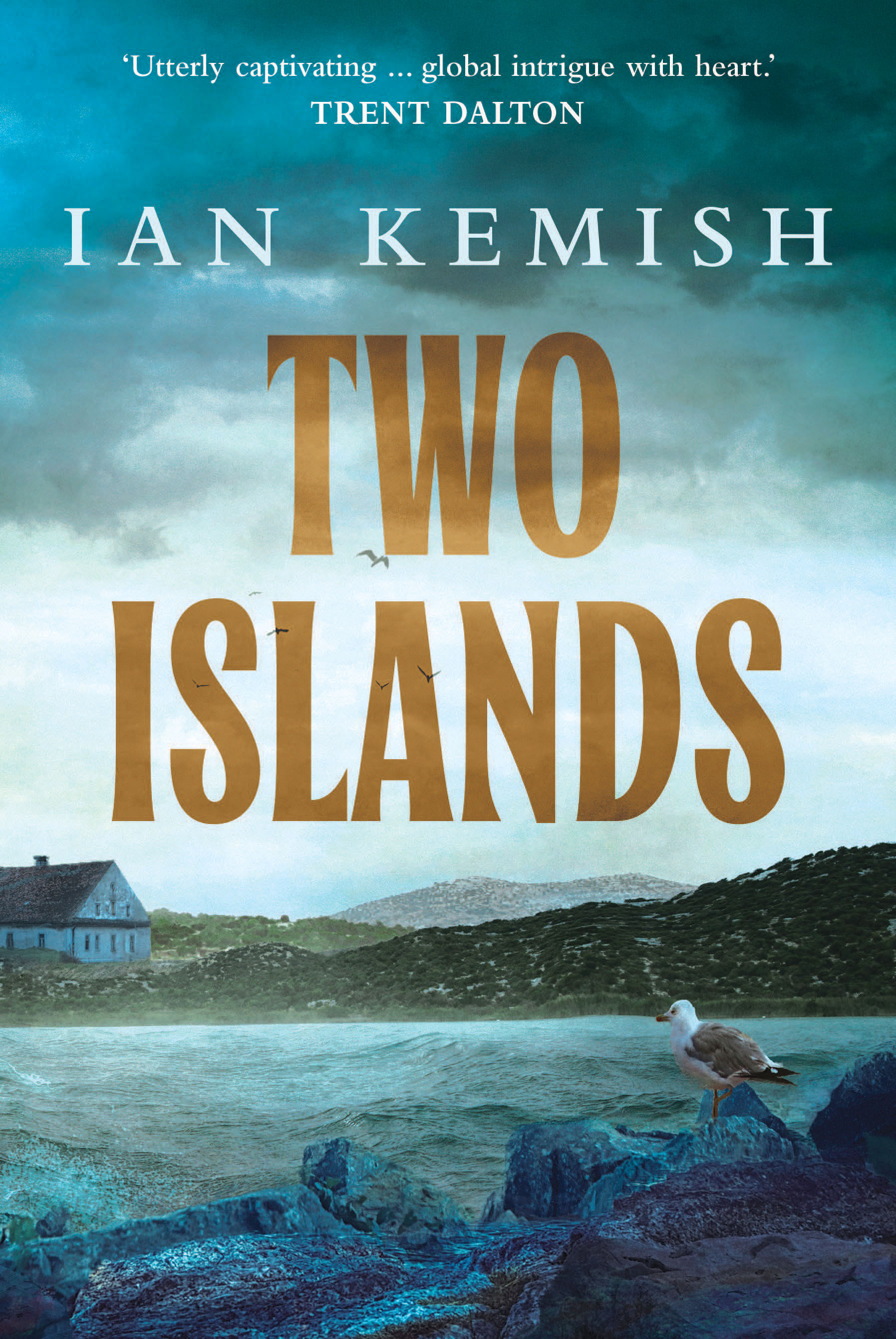 Cover of Two Islands by Ian Kemish showing a seagull on some rocks, rough sea, a rock-strewn island and a cottage.