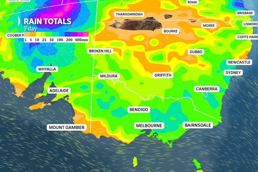 A map showing parts of southern Australia expecting heavy rainfall.