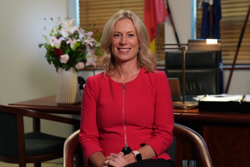 A smiling woman sitting in an office.