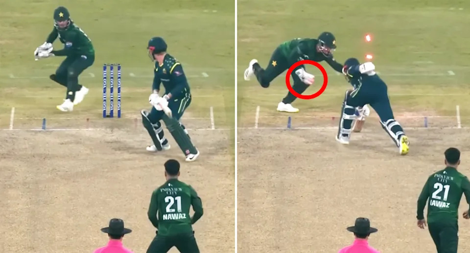 Cooper Connolly during his dismissal in the third T20 between Australia and Pakistan.