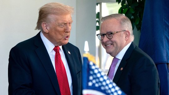 Donald Trump greets Anthony Albanese at the White House in October.