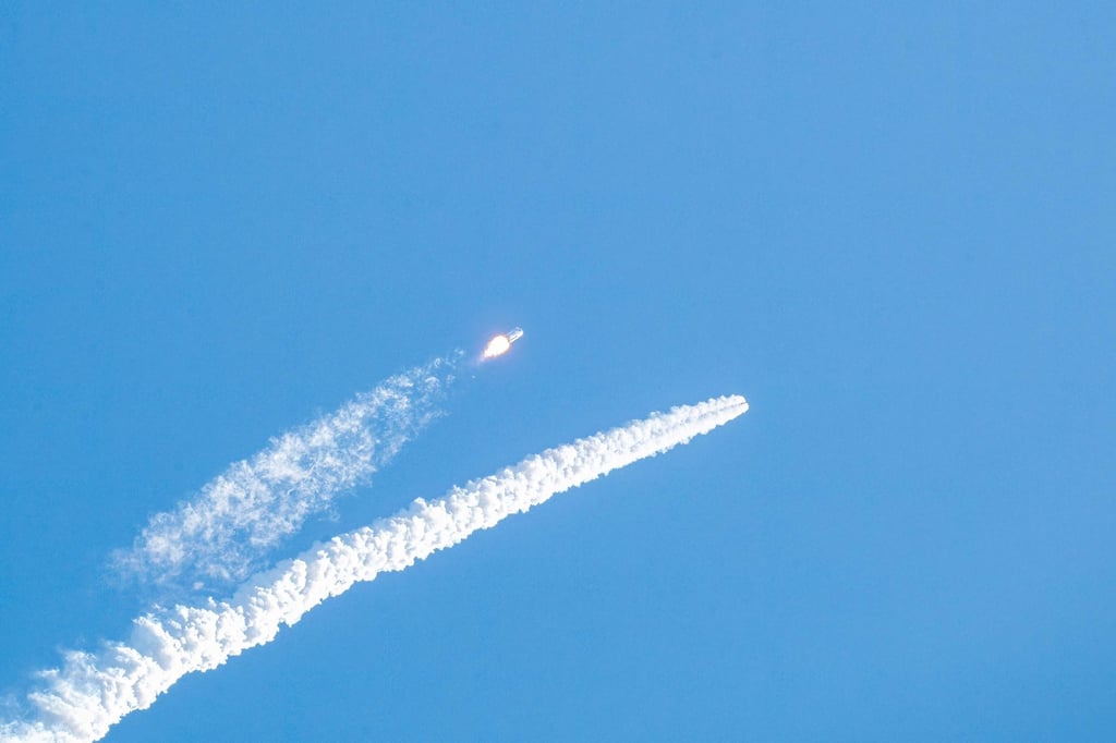 The Mengzhou spacecraft separates from the Long March-10 carrier during Wednesday’s escape test and first flight for the heavy-lift new generation rocket. Photo by CNS/AFP
