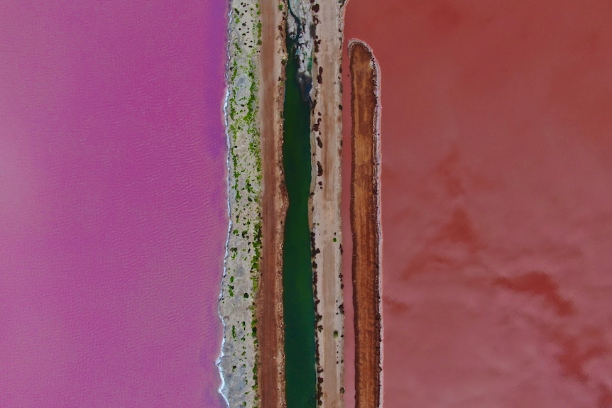 A birds eye view of a pink lake formation