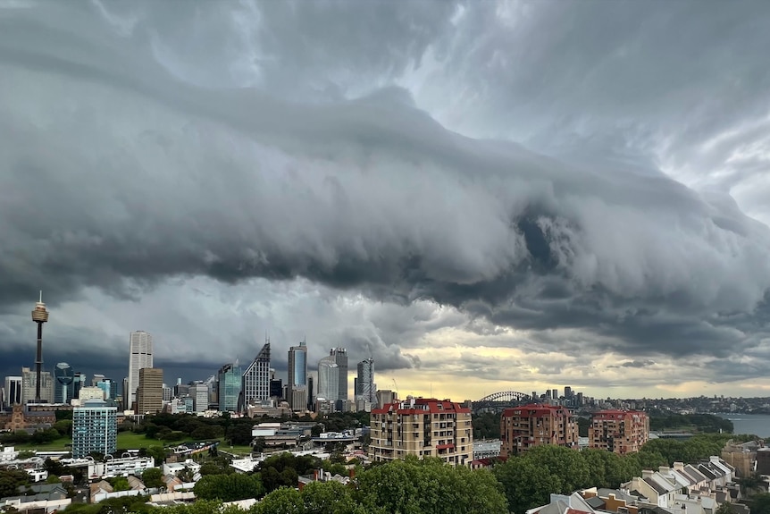 Ominous storm cloud looms over Sydney city.