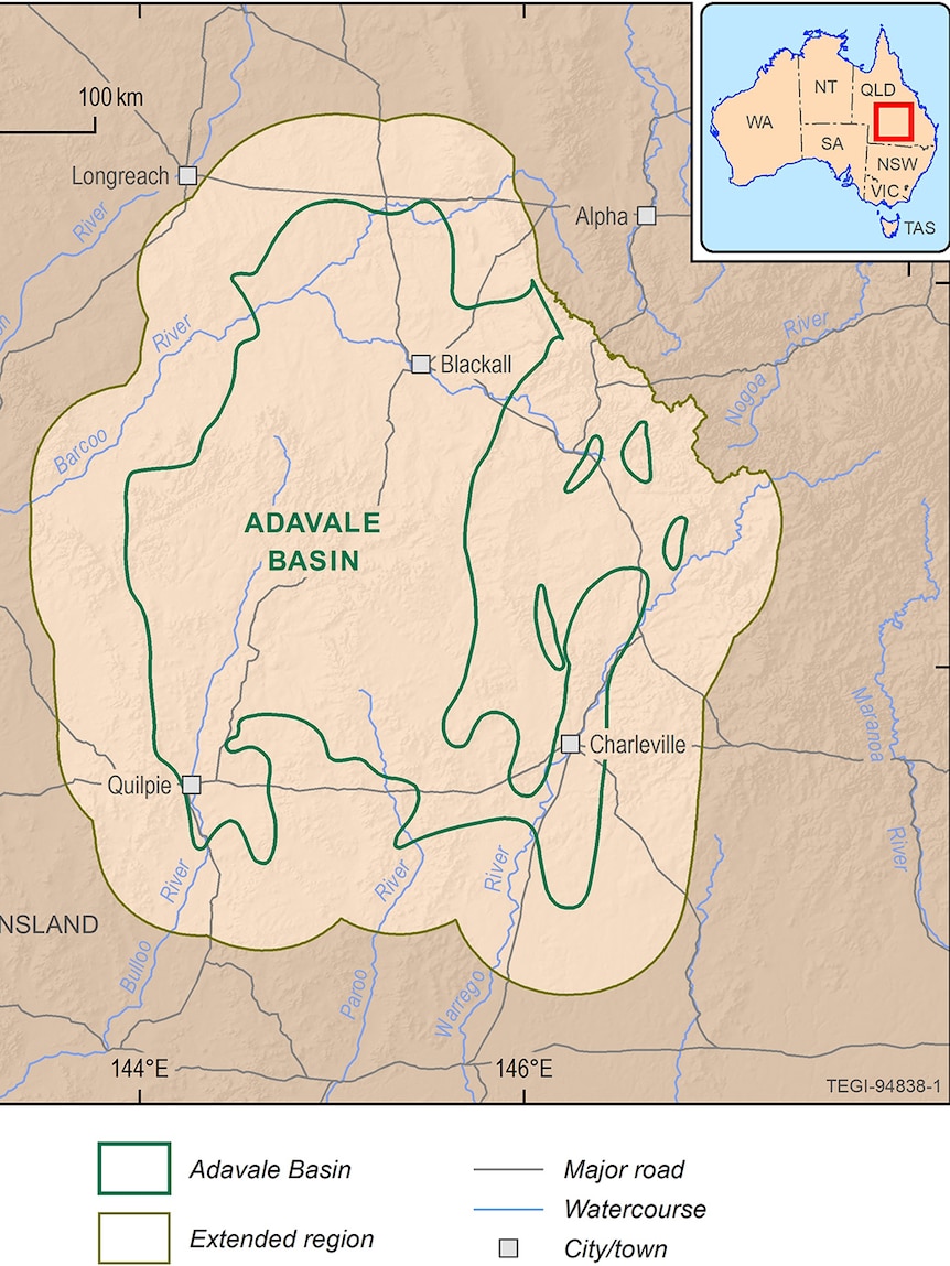 A map showing western Queensland with the outline of the Adavale Basin.