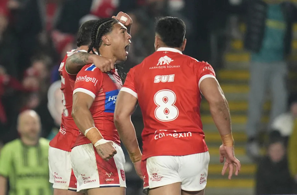 Tom Amone, pictured here celebrating a try for Hull KR against the Brisbane Broncos.