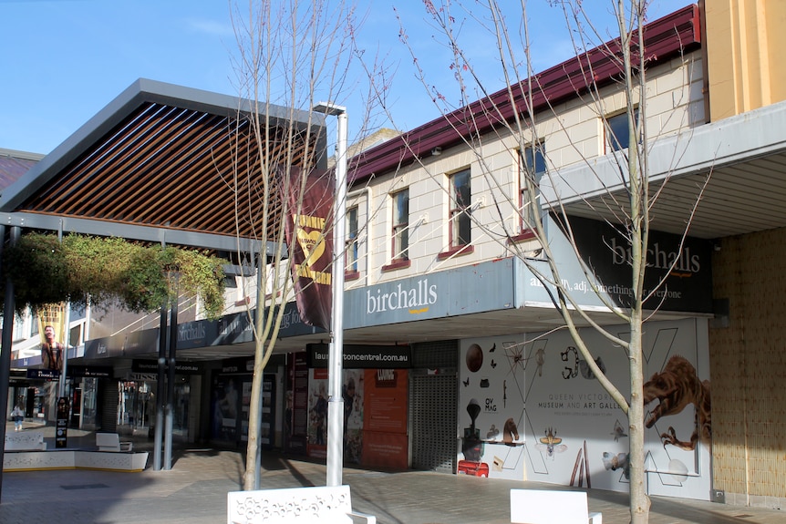 A building facade in a pedestrian mall.