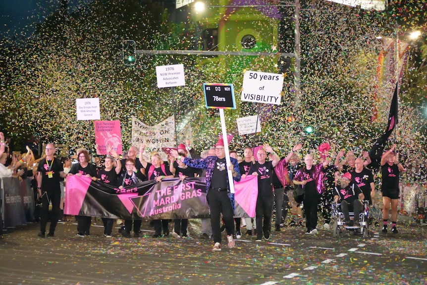 The 78ers march down Oxford Street for Sydney Mardi Gras.