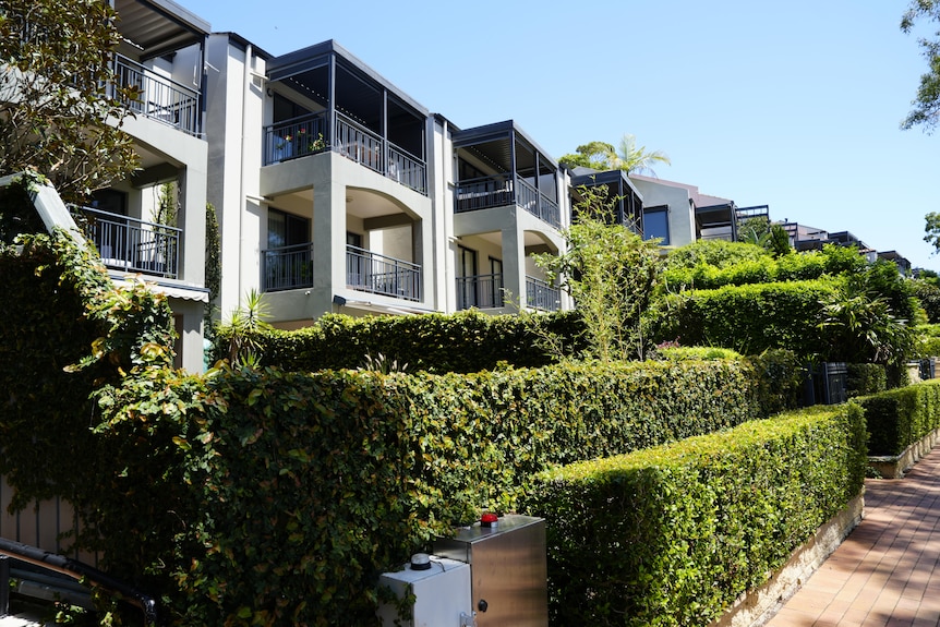 A residential complex, which in colour and multiple storeys, with a green hedge in front.