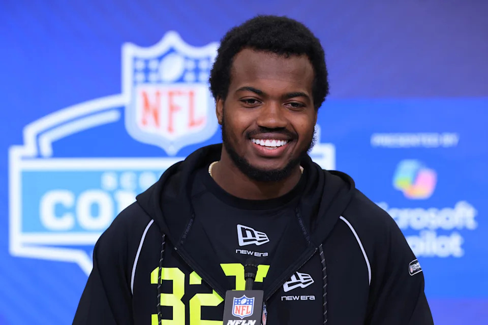 Rueben Bain Jr. speaks to the media during the NFL scouting combine. (Photo by Justin Casterline/Getty Images)