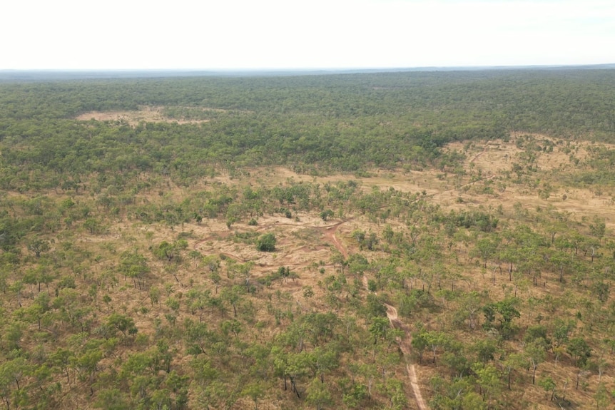An aerial image shows rocky bushland with some sandy areas. A few dirt tracks cut through the rugged landscape.