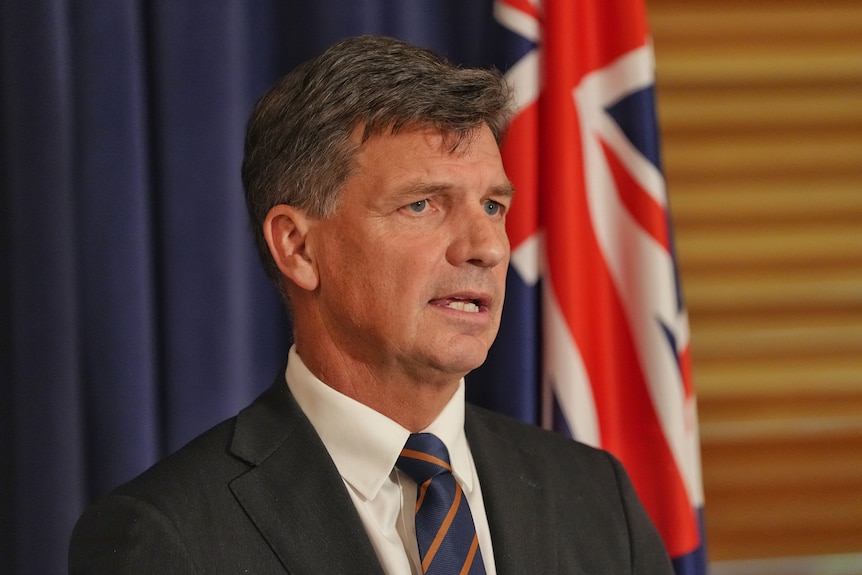 A close up shot of Angus Taylor standing in front of an Australian flag.