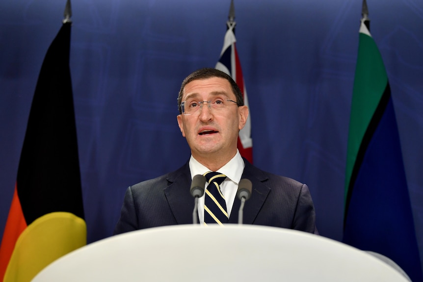 Julian Leeser stands in front of the Australian, Aboriginal and Torres Strait Islander flags at a press conference