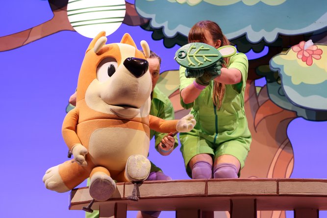 Bluey’s Big Play The Stage Show at Regal Theatre, Subiaco, on Wednesday. Pictured is Bingo and Walking Leaf. 