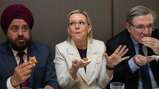 Sussan Ley, Gurmeet Singh Tuli, president of Little India Australia, and opposition immigration spokesman Paul Scarr in September last year.