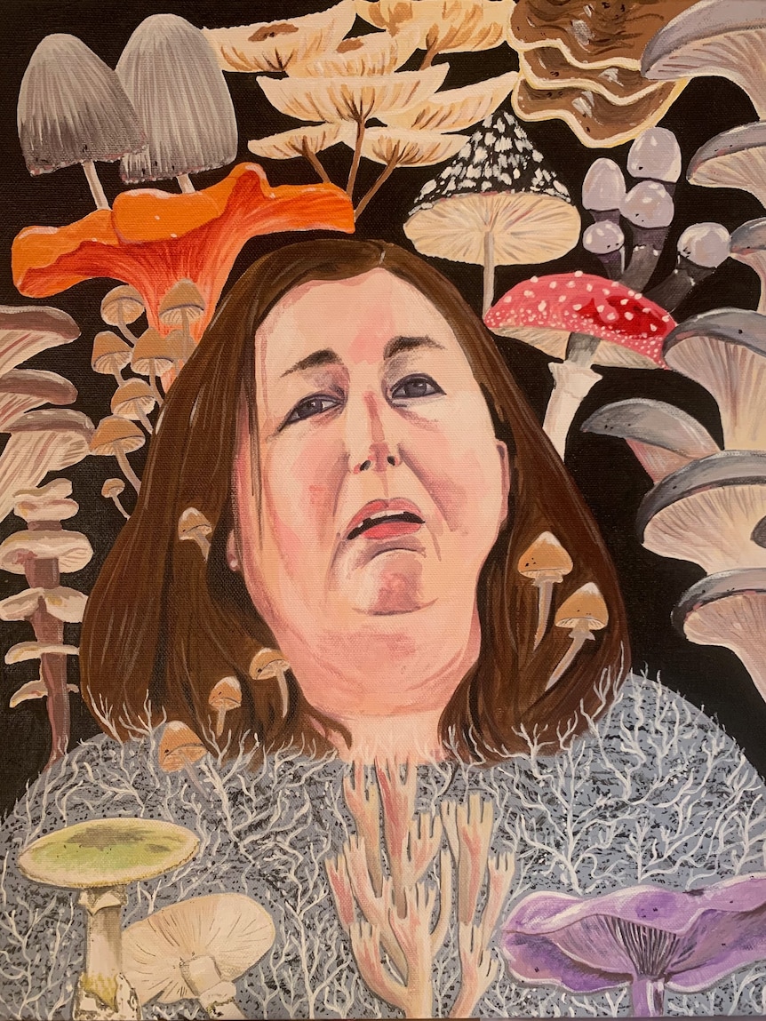 A painting of Erin Patterson, with different types of mushrooms floating around her.