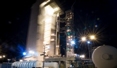 The launch pad tower at SLC-3 is rolled back to reveal the United Launch Alliance (ULA) Atlas-V rocket with the Landsat Data Continuity Mission (LDCM) spacecraft onboard on Monday, Feb. 11, 2013 at Vandenberg Air Force Base, Calif.
