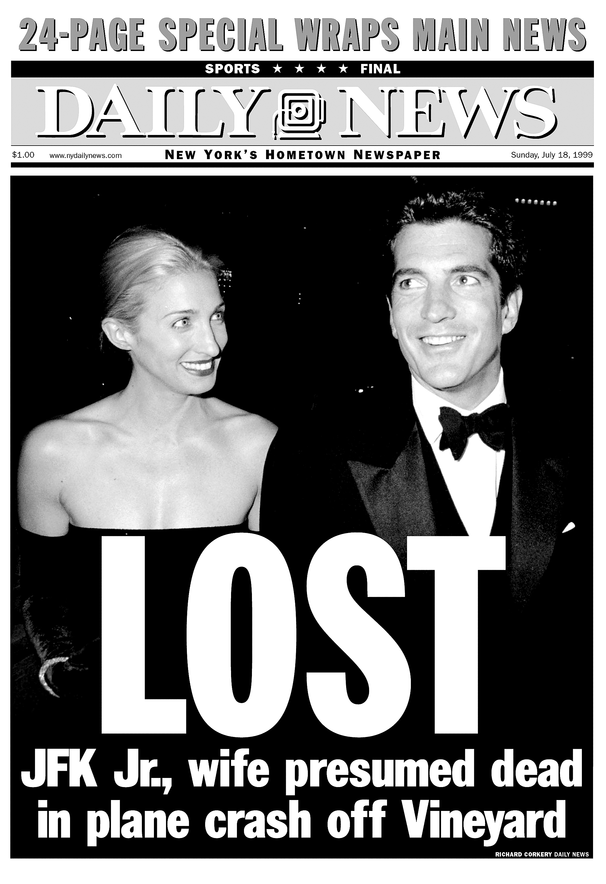 A black and white newspaper front page featuring John F Kennedy Jr and Carolyn Bessette with the headline saying "LOST".