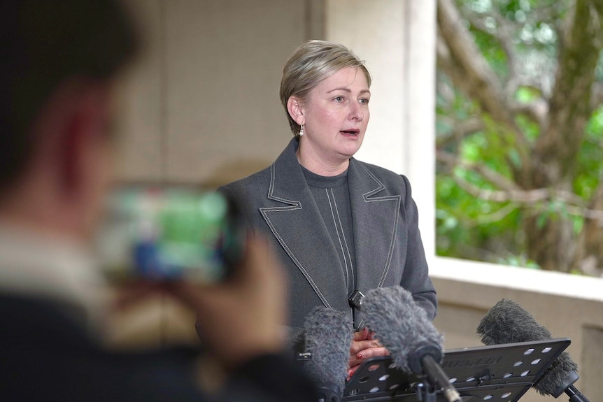 Woman in brown suit stands addressing the media