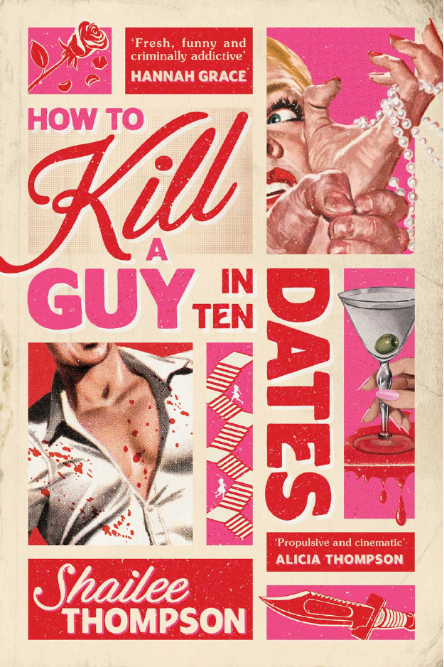 A book cover with an old-school cinema aesthetic depicting a woman holding a cocktail and a man with a blood-splattered chest.