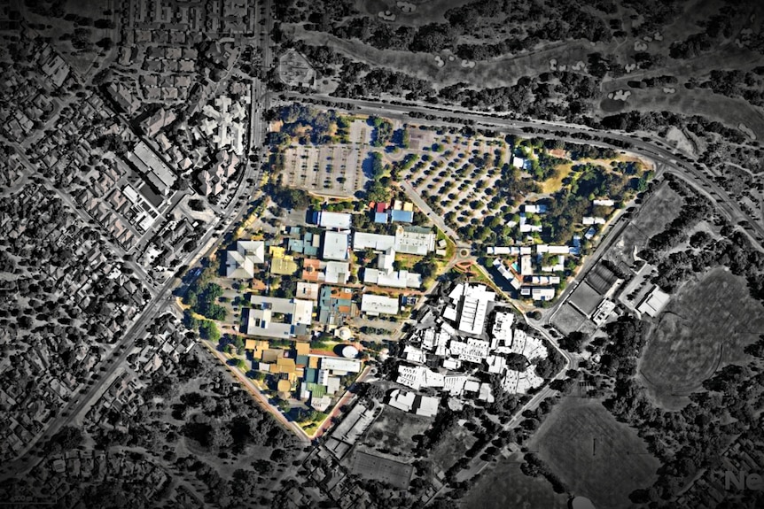 An aerial map showing a uni campus in a suburban setting
