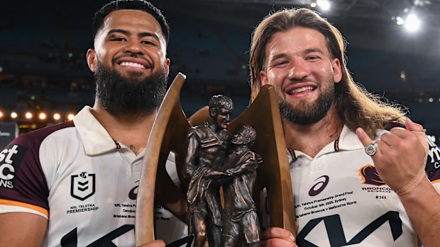Payne Haas (left) and Patrick Carrigan after the 2025 NRL grand final.