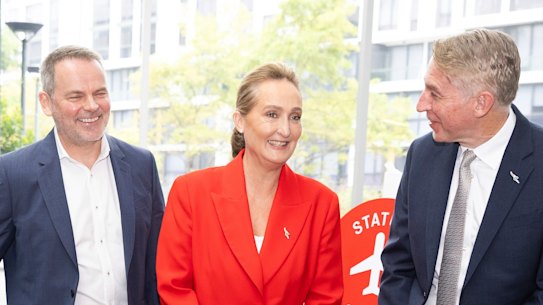 Qantas loyalty boss Andrew Glance, CEO Vanessa Hudson and CFO Rob Marcolina in Sydney on Thursday.