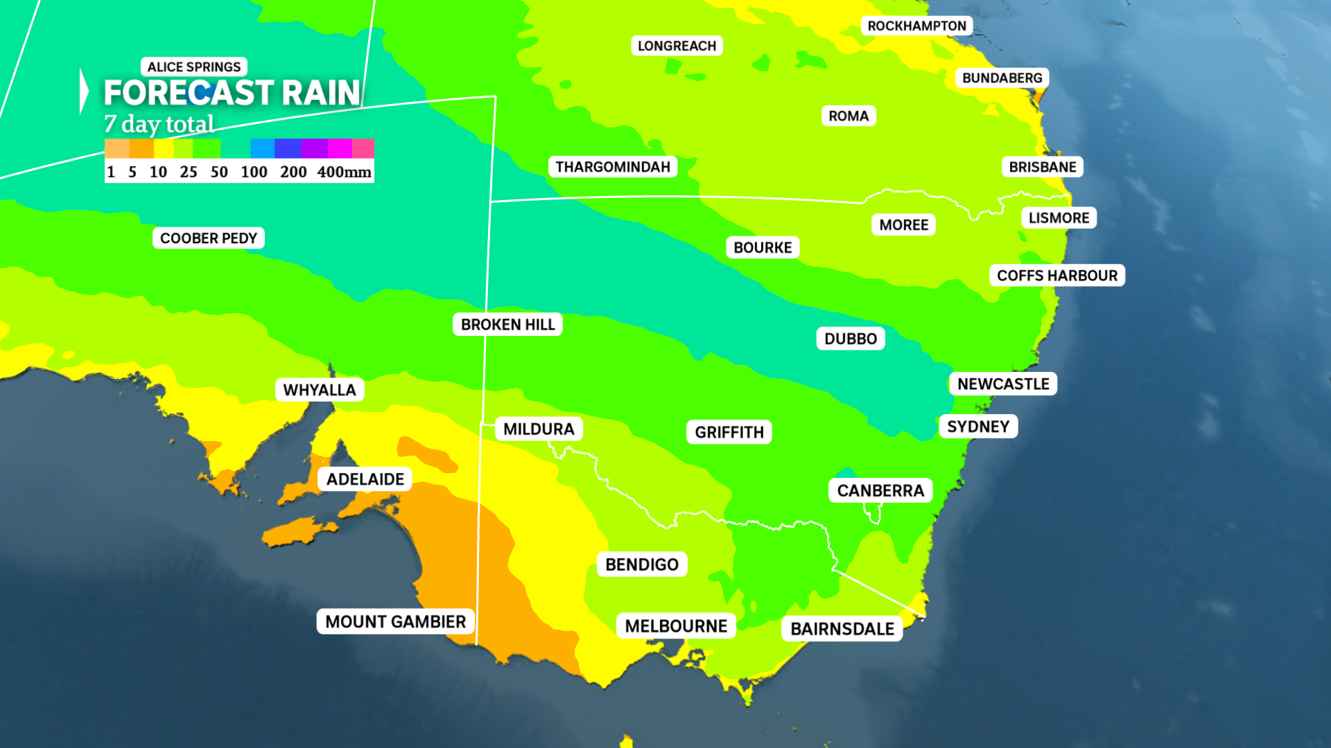 a weather map of south australia and inland nsw showing potential large rainfall