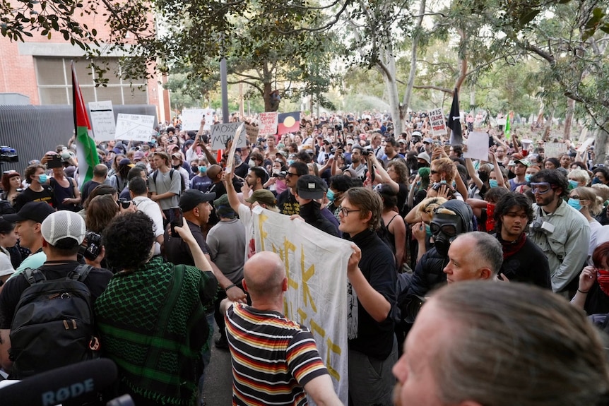 A crowd of about 100 people watching speeches and carrying signs at a protest.