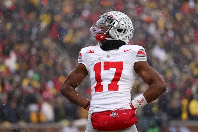 ANN ARBOR, MICHIGAN - NOVEMBER 29: Carnell Tate #17 of the Ohio State Buckeyes celebrates a touchdown against the Michigan Wolverines at Michigan Stadium on November 29, 2025 in Ann Arbor, Michigan. (Photo by Luke Hales/Getty Images)