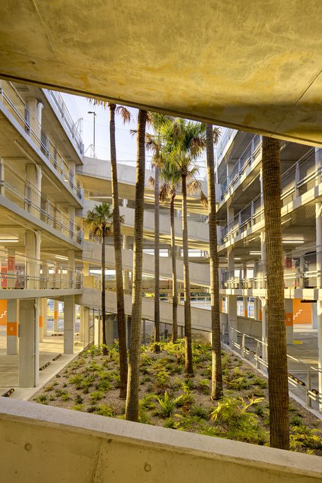 Separated flat decks create a central courtyard, while diagonal ramps define its perimeter.